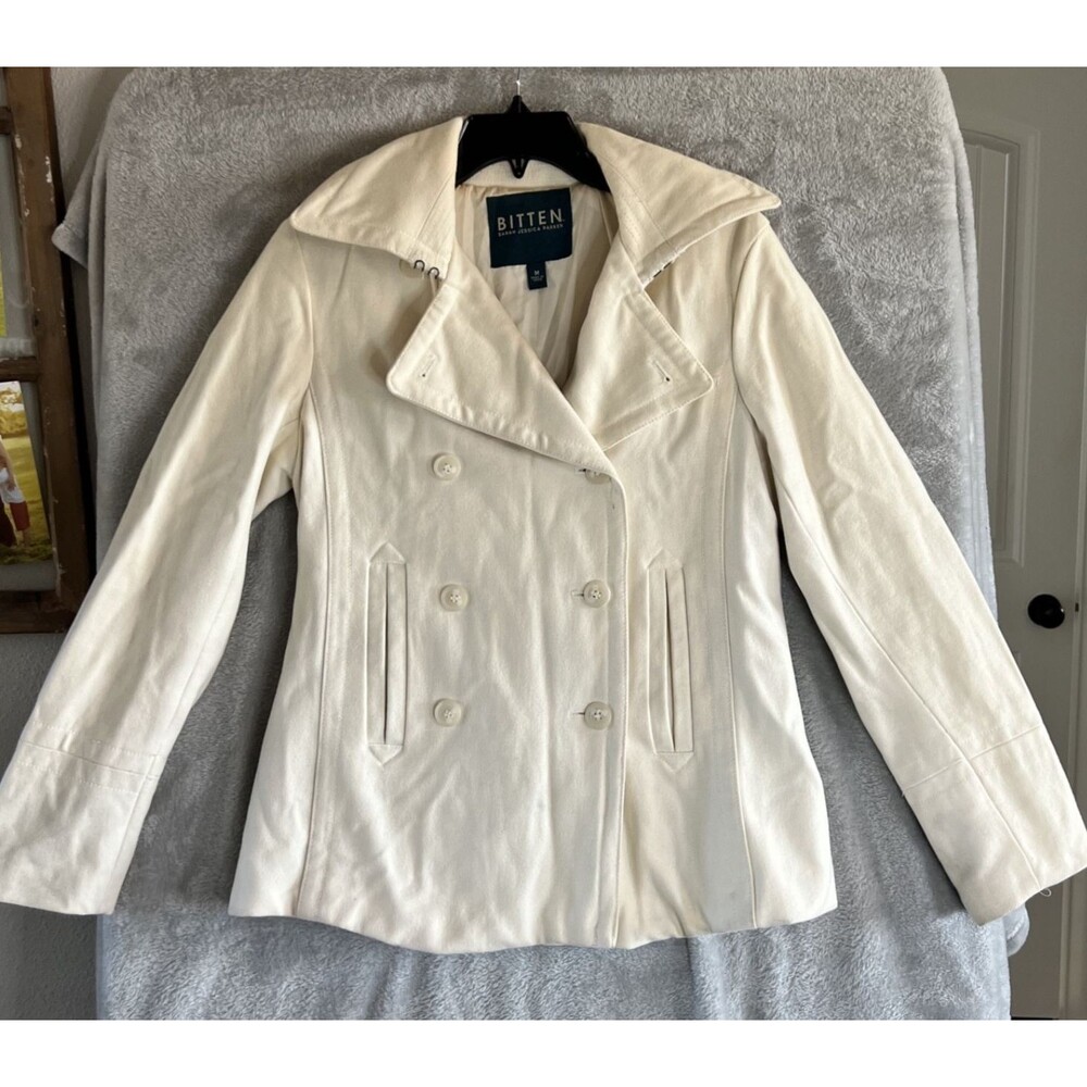 Ivory Sara Jessica Parker Bitten Wool Button Up Size Medium Womens Blazer Coat